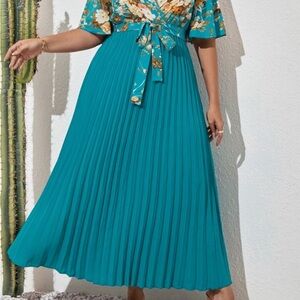 Floral Teal Pleated Maxi Dress